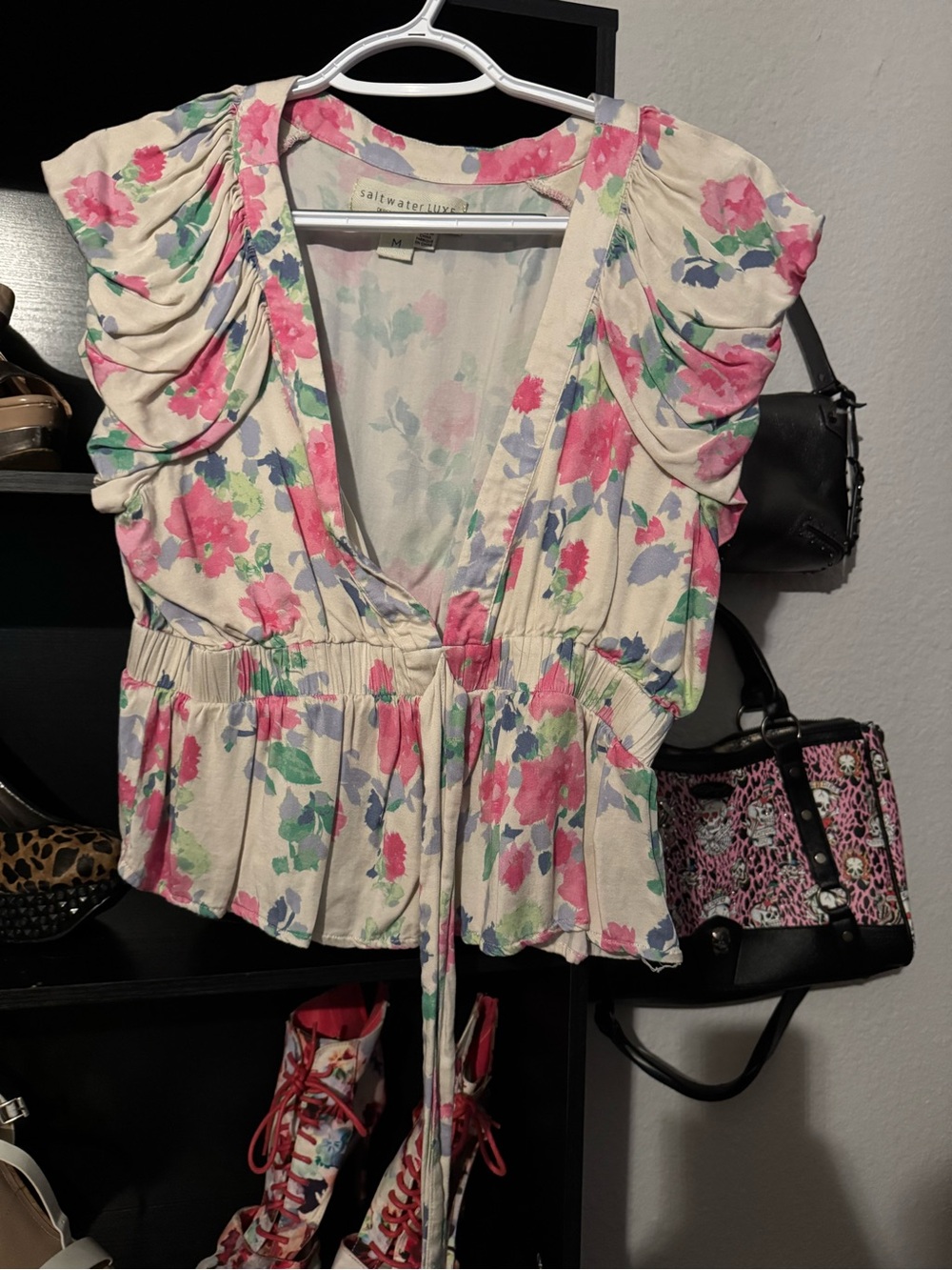 saltwater LUXE Cream Floral Tie-Front Ruffle Sleeve Top